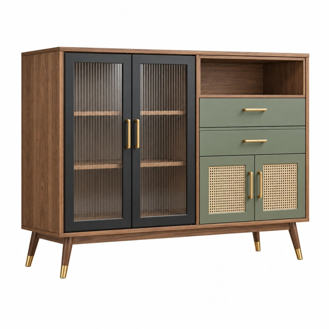 Aparador 160 x 40 x 125 cm acabado madera nogal verde y negro con puertas de cristal estriado
