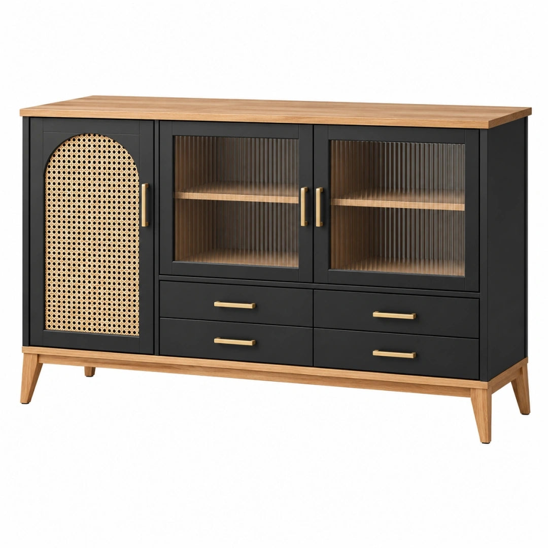 Aparador 160 x 40 x 90 cm de madera negro y natural con ratán y cristal - almacenaje de estilo retro
