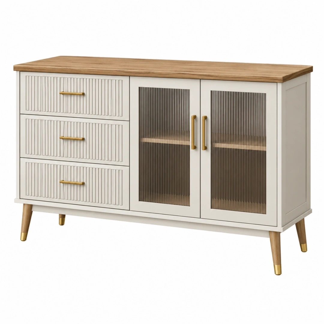 Aparador 140 x 40 x 85 cm blanco y madera con vidrio acanalado - almacenamiento moderno