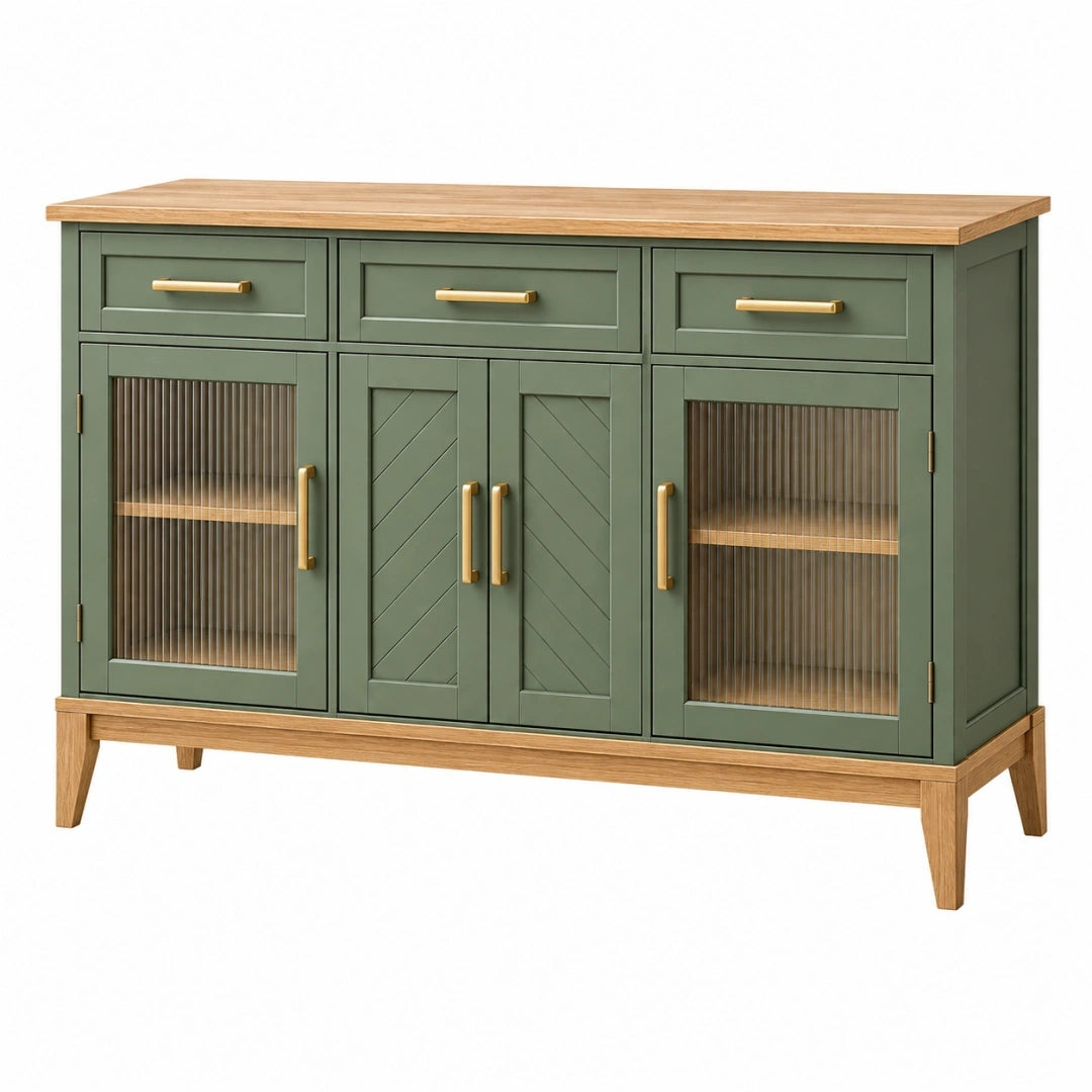 Aparador 160 x 45 x 90 cm de madera verde y natural con puertas de vidrio acanalado