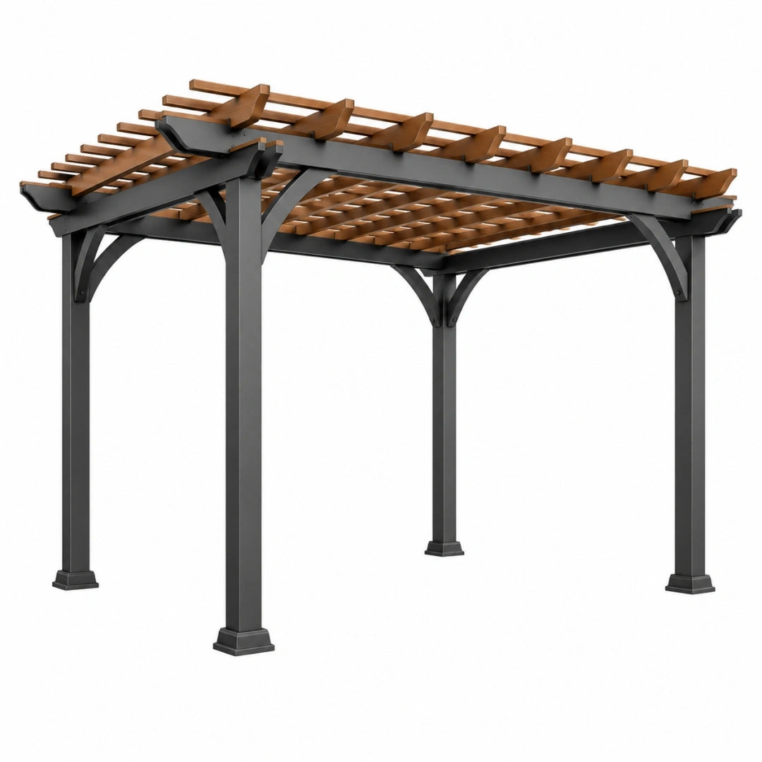 Pérgola 300 x 300 x 240 cm de metal y madera marrón y gris para terraza con cubierta de lamas
