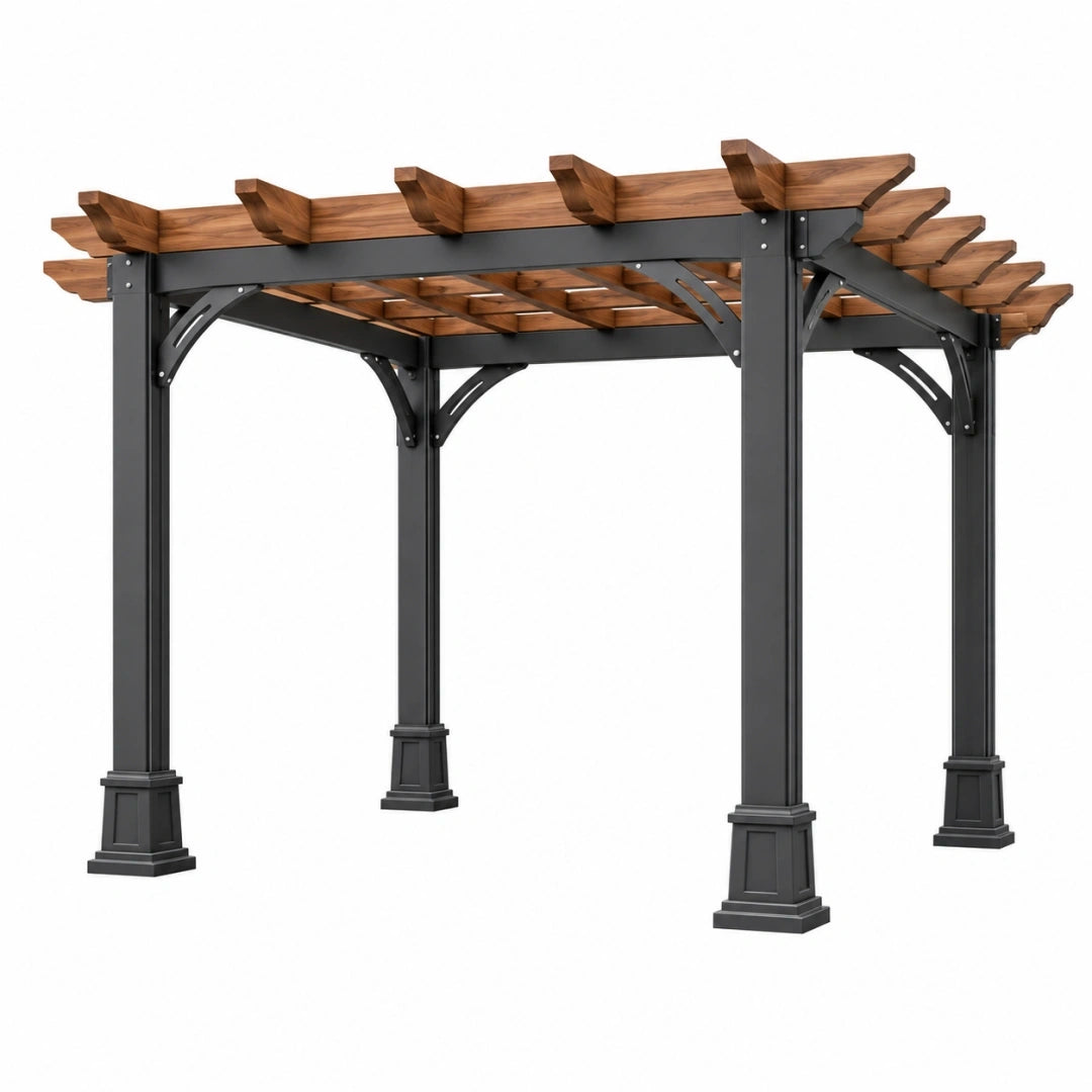 Pérgola 300 x 300 x 250 cm de acero y madera marrón y negro para exterior con techo de lamas
