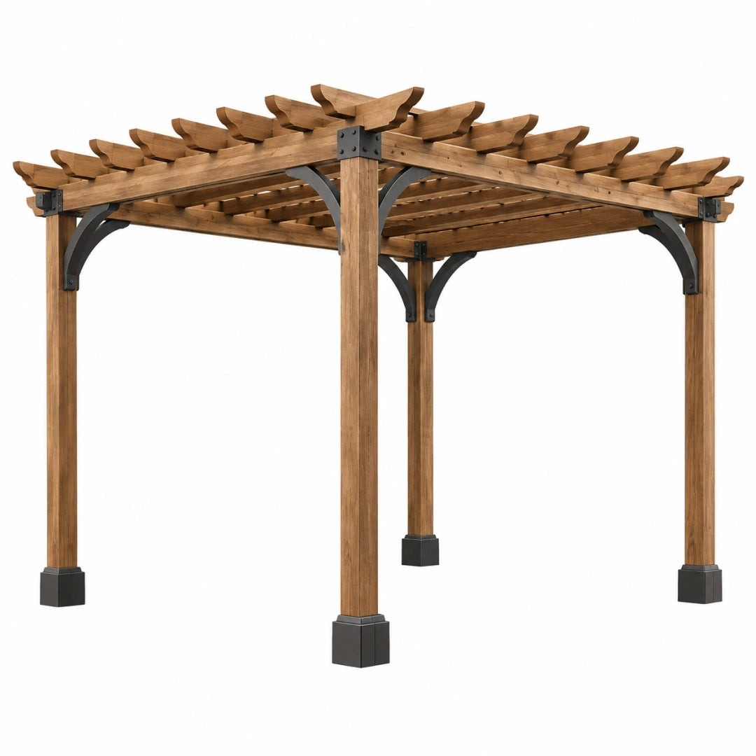 Pérgola de jardín 300 x 300 x 240 cm de madera marrón con estructura metálica estilo rústico