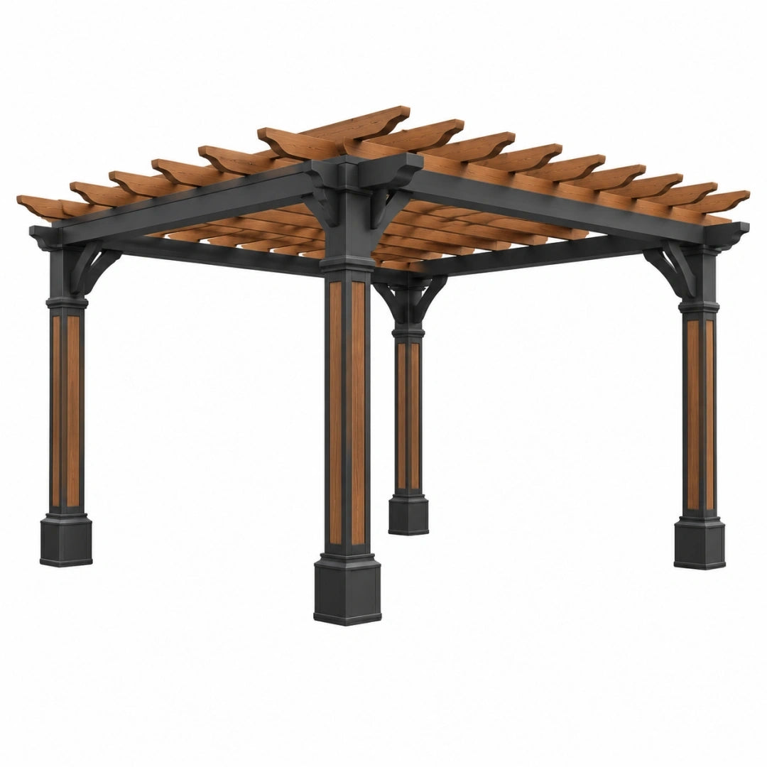 Pérgola de jardín 300 x 300 x 230 cm de madera y metal marrón/negro con techo de lamas