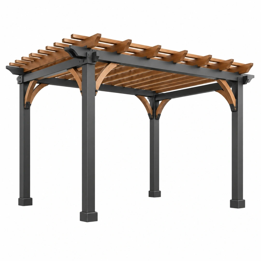 Pérgola de jardín 300 x 300 x 250 cm de acero y madera marrón y negro con techo de lamas