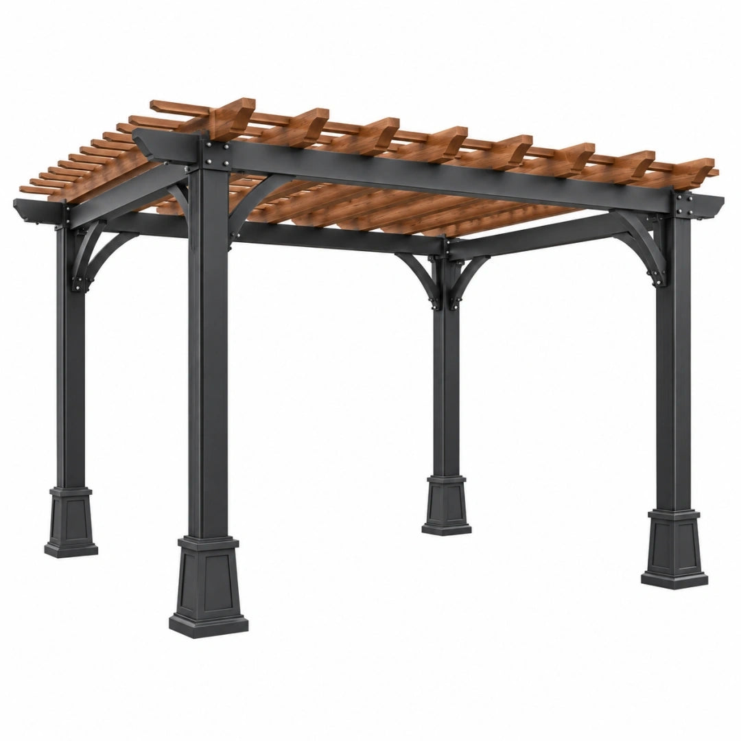 Pérgola 300 cm de acero y madera negra y marrón para jardín de estilo contemporáneo
