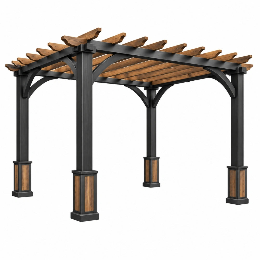 Pérgola 300 x 300 x 230 cm de madera y metal negro y marrón para jardín estilo rústico