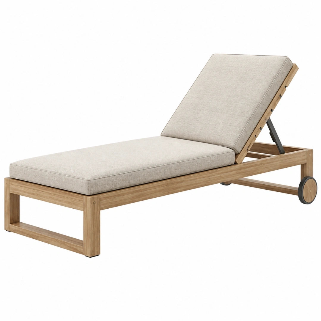 Tumbona 200 x 65 cm de madera beige con respaldo reclinable y ruedas para exterior