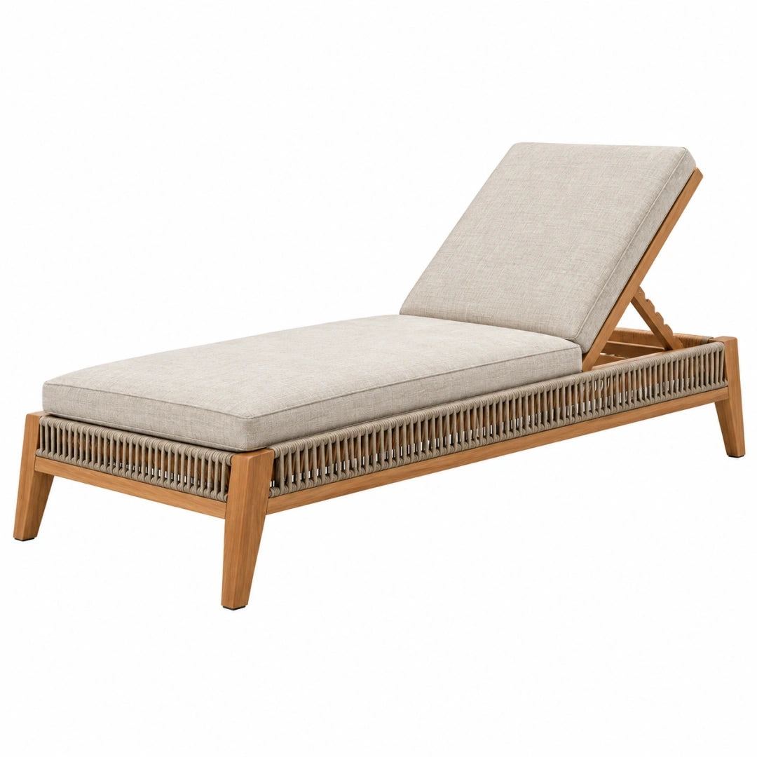 Tumbona de jardín 195 x 70 x 85 cm de madera y cuerda beige con respaldo reclinable