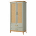 Armario 90 x 45 x 190 cm de madera verde con rejilla de ratán y 2 cajones