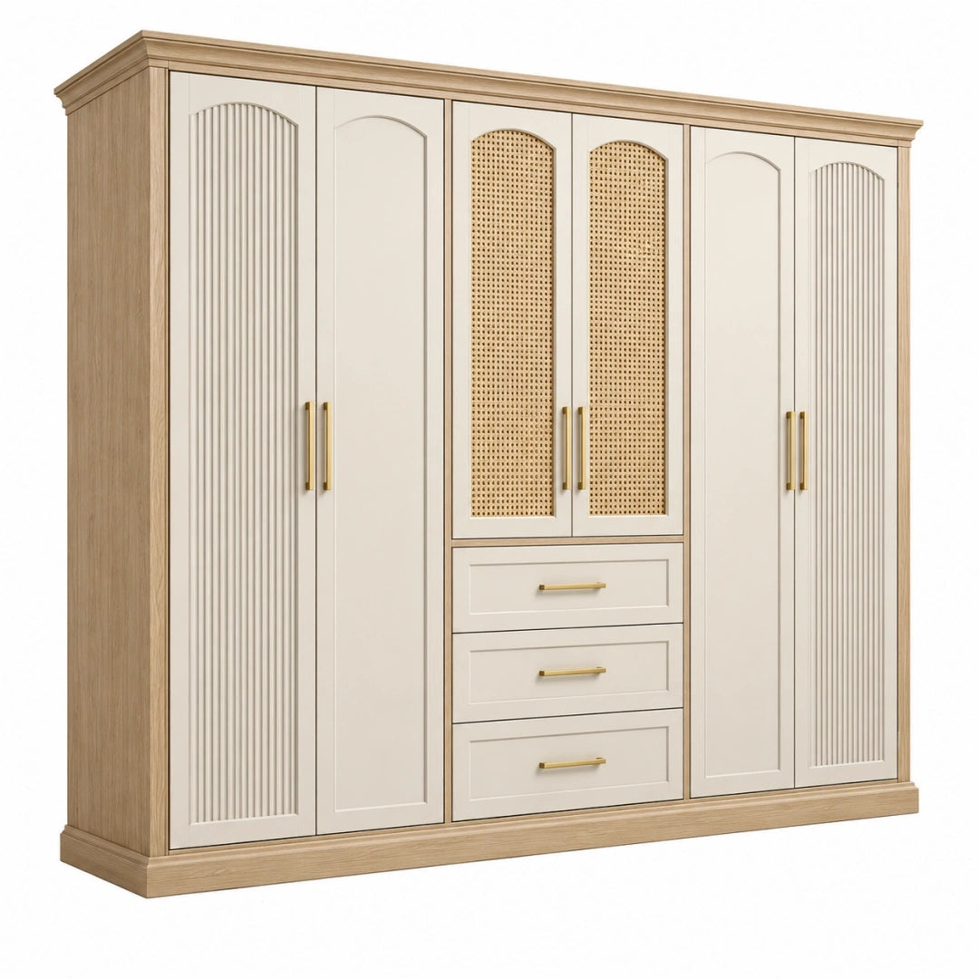 Armario 250 x 60 x 220 cm de madera crema y natural con rejilla trenzada y 6 puertas