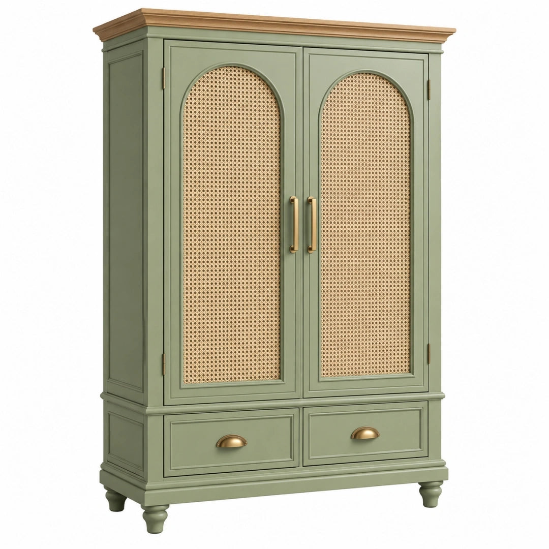 Armario 100 x 50 x 180 cm de madera verde salvia y ratán - almacenaje de estilo clásico