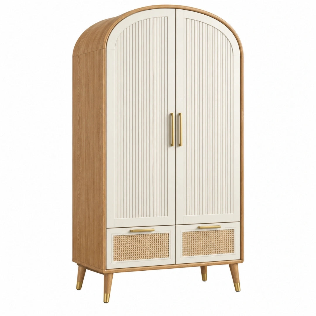 Armario 100 x 50 x 190 cm de madera beige y natural con puertas y cajones de estilo retro
