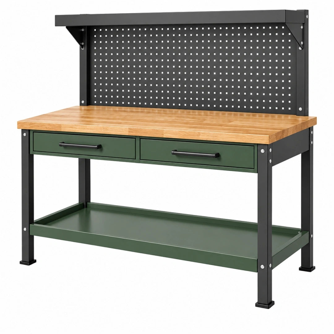 Banco de trabajo 120 x 60 x 150 cm de acero y madera negro verde con panel perforado y cajones