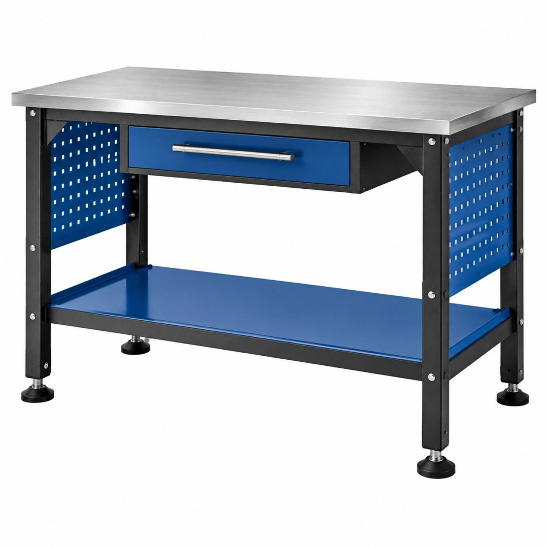 Banco de trabajo 120 cm de acero inoxidable azul y negro con cajón y estante industrial