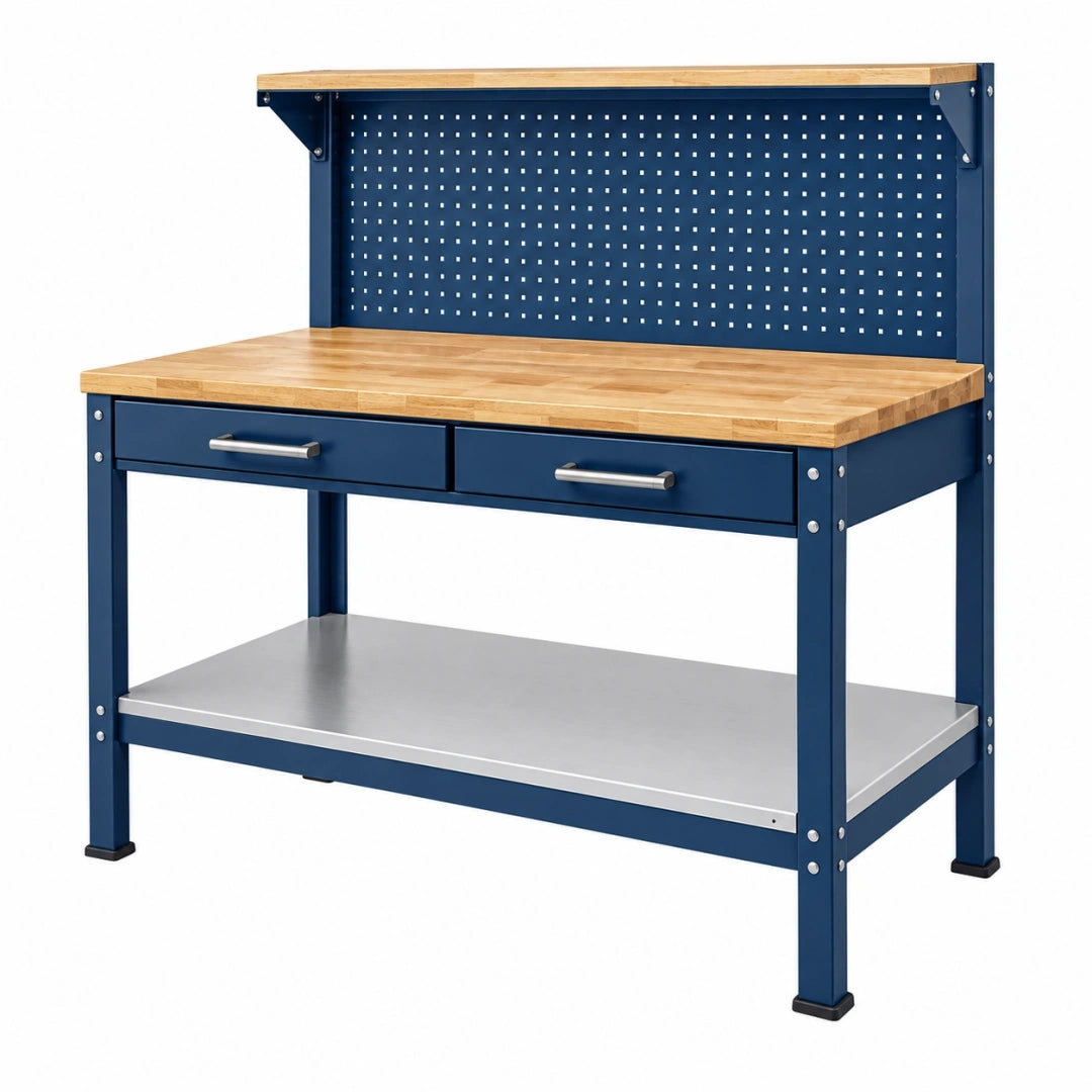 Banco de trabajo 120 x 60 x 150 cm de acero y madera azul con panel perforado y cajones